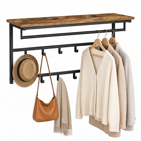 Levede Coat Rack Wall Mounted 10kg Wooden Shelf Hooks Hanger Storage Metal Brown