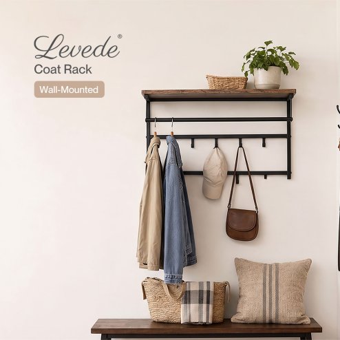Levede Coat Rack Wall Mounted 10kg Wooden Shelf Hooks Hanger Storage Metal Brown