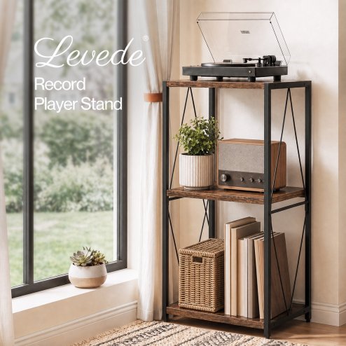 Levede Retro Record Player Stand 3 Tier Storage for Vinyl Records Brown