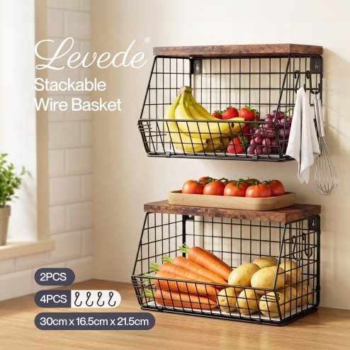 Toque Fruit Snack Storage Basket 2PCS Stackable Wall Mounted Kitchen Wood Lid