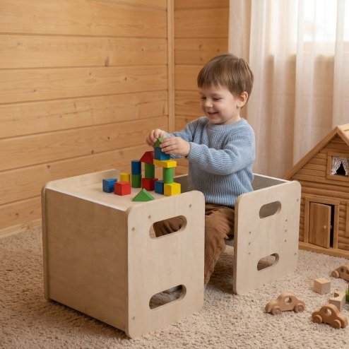 Levede Kids Table And Chair Sets 3-in-1 Adjustable Baby Safe Plywood Light Brown