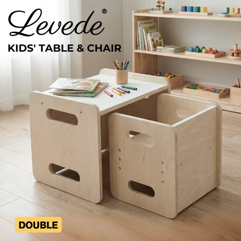 Levede Kids Table And Chair Sets 3-in-1 Adjustable Baby Safe Plywood Light Brown