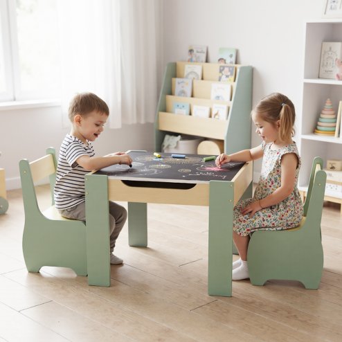 Levede Kids Table and Chair Sets 3-in-1 Study Toy Storage MDF Safe Design Green
