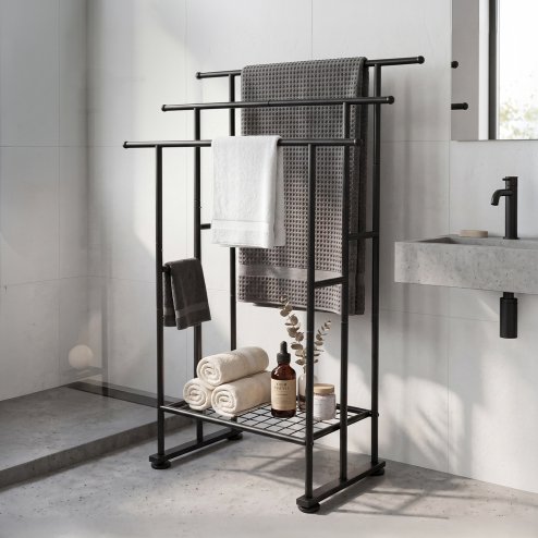 Levede Towel Rail Metal Rack With Basket 3-Tier Storage Anti-Slip Foot Black Image