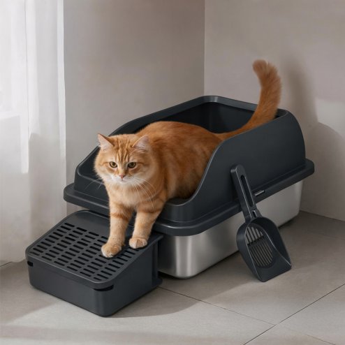 Skylos Stainless Steel Cat Litter Box Big Cats Kitten High Sided Easy Clean Grey