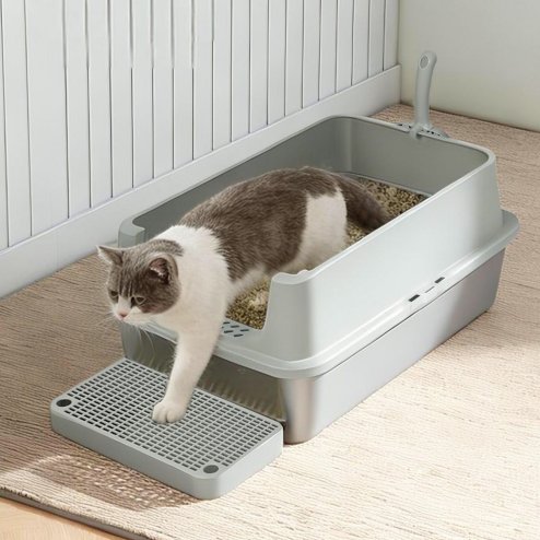 Skylos Stainless Steel Cat Litter Box Semi-Enclosed Easy Cleaning Pet Toilet