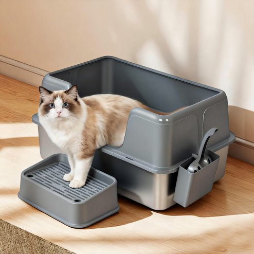 Skylos Stainless Steel Cat Litter Box High Sided Litter Tray with Scoop Pedal
