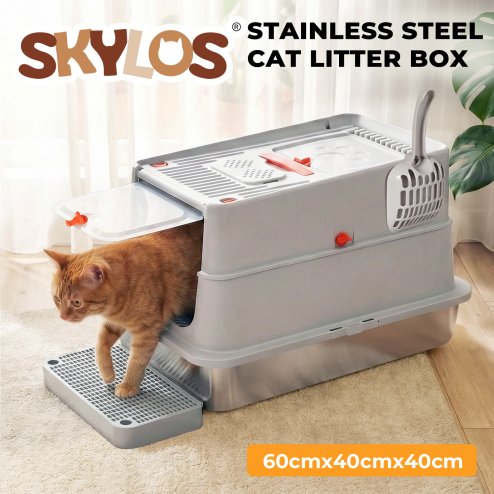 Skylos Stainless Steel Cats Litter Box Hooded High Enclosed Large Kitty Toilet