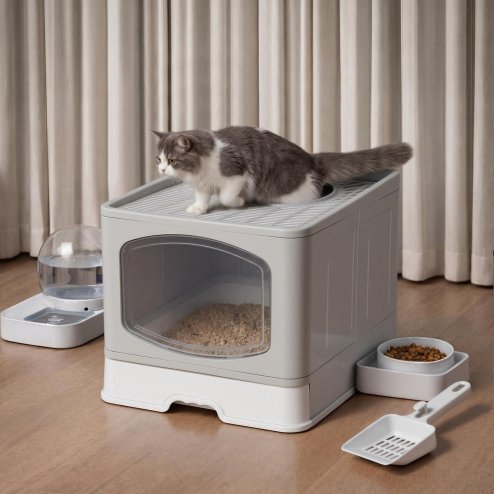 Skylos Cat Litter Box Foldable Entry Top Exit Anti Tracking Cat Litter Tray