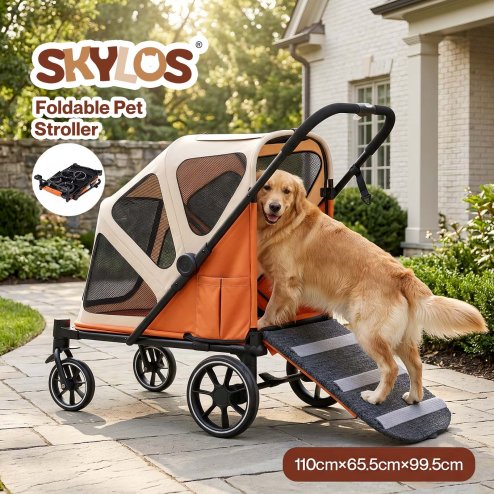 Skylos Dog Stroller Pet Pram Foldable Shock Absorbing Wheels Outdoor Orange