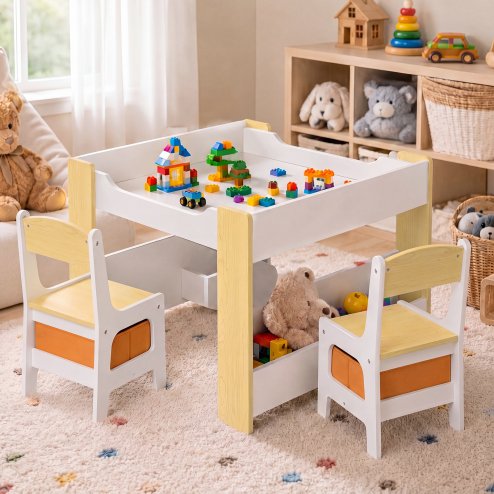 Dekko Kids Table and Chairs Set 2-in-1 Flip Top Storage Activity Play Study Grey Image