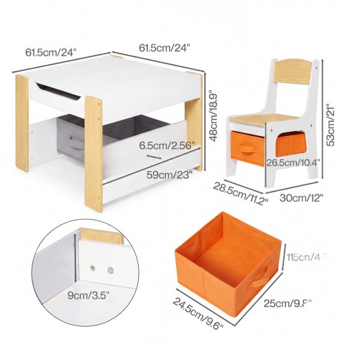 Dekko Kids Table and Chairs Set 2-in-1 Flip Top Storage Activity Play Study Grey