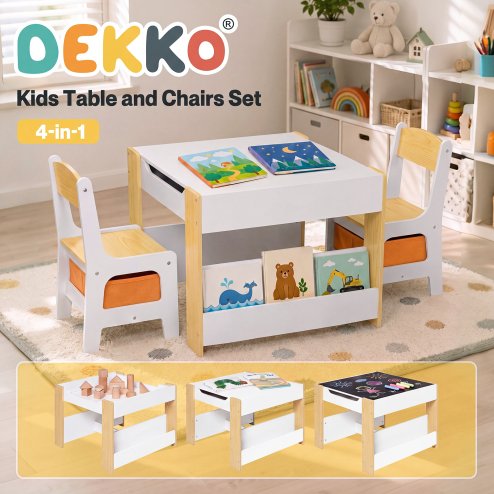 Dekko Kids Table and Chairs Set 2-in-1 Flip Top Storage Activity Play Study Grey