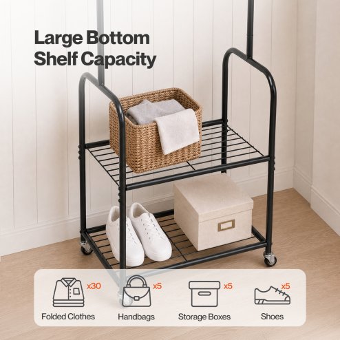 Levede Clothes Rack Heavy Duty Garment Rack 2 Shelf Locking Wheels Bedroom Black