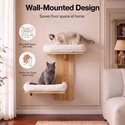 Skylos Cat Wall Shelves 2 Platform Steps Rubber Wood for Cat Climbing White