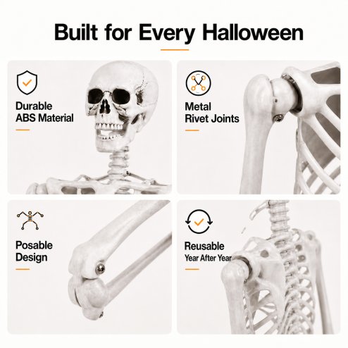 Yezi Halloween Skeleton Life Size 169cm Posable Jointed ABS Spooky Patio White