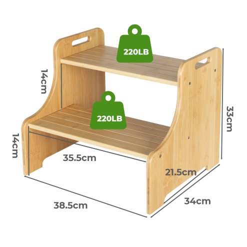 Levede Bamboo Step Stool with Handle Shelf Footstool Bathroom Kitchen Bed 220Lbs