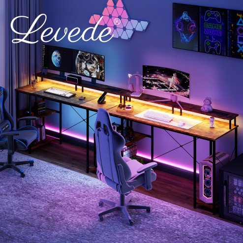 Levede Gaming Desk Computer Table with Monitor Shelf Power Outlets RGB Light
