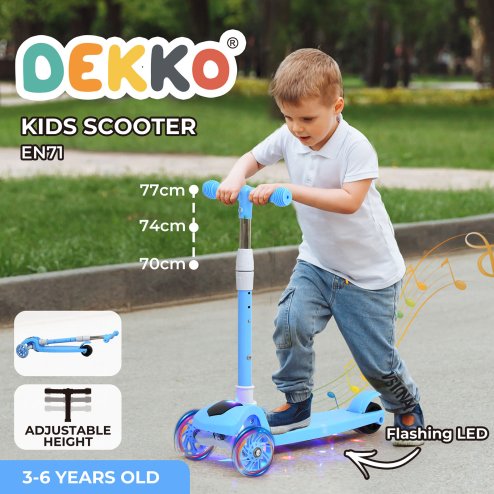 Dekko Foldable Kids Scooter Adjustable Height Flashing LED Music 3 Wheels Blue