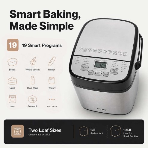 Spector Bread Maker 19 In 1 Compact Machine 15H Timer 1.5Lb for Home Baking