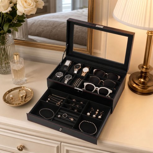 Watch Box Watch Storage Jewelry Box 2 Layer Glass Lid Lockable Display Black