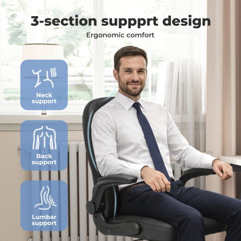 Ergonomic Office Computer Chair PU Leather Swivel Recliner with Flip-Up Armrests