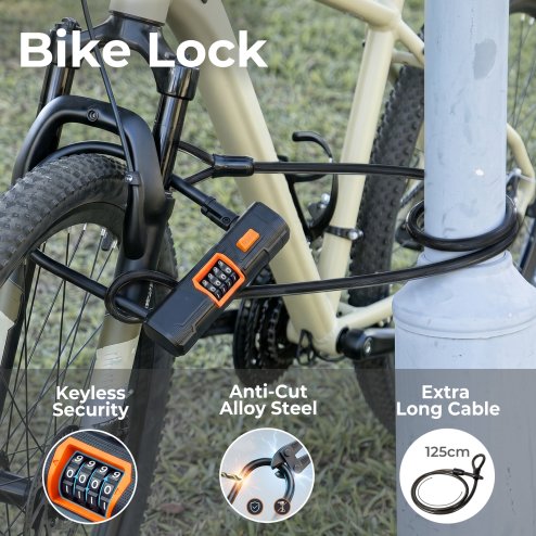 Bike Lock Combination, D Lock with Cable, 4 Digit Alloy Steel, Black Orange