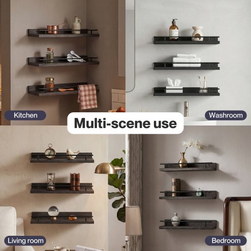 Levede Floating Shelves Set of 3 Wooden Wall Mounted Shelves Storage Black
