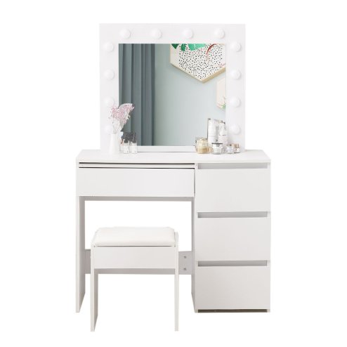 Levede Vanity Makeup Dressing Table White with Led Light Mirror Drawer PU Stool