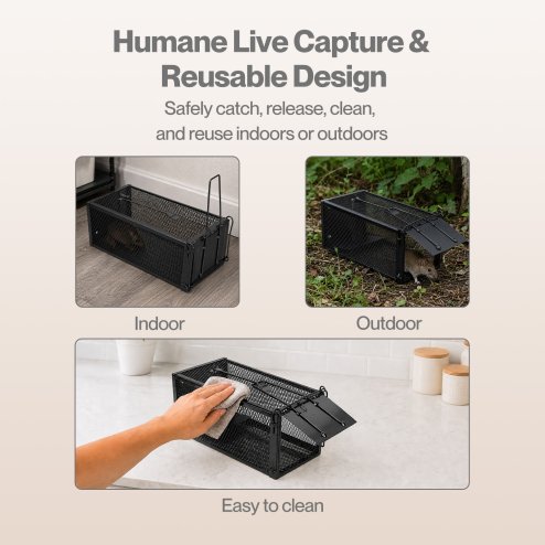 TOQUE Humane Mouse Traps Live Catch Rodent Trap Auto Lock For outdoor Black 2pc