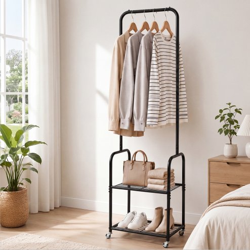 Levede Clothes Rack Heavy Duty Garment Rack 2 Shelf Locking Wheels Bedroom Black