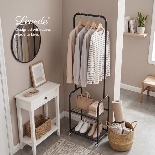Levede Clothes Rack Heavy Duty Garment Rack 2 Shelf Locking Wheels Bedroom Black