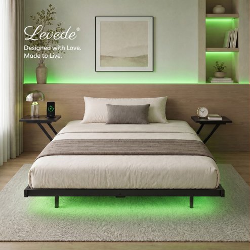 Levede Double Bed Frame Floating Design with Storage Shelves RGB Lights Black