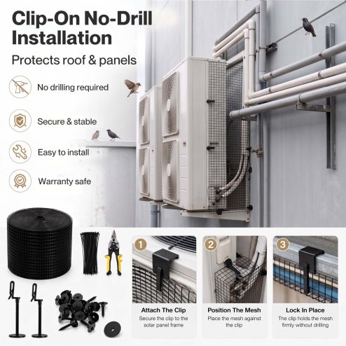 Mountview Bird Proofing Mesh Set PVC 60 Fixing Clips 30m for Solar Panel Black