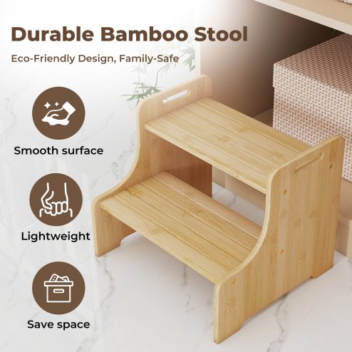 Levede Bamboo Step Stool with Handle Shelf Footstool Bathroom Kitchen Bed 220Lbs