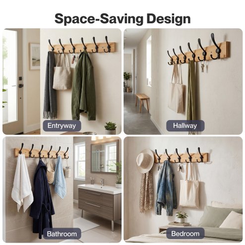Levede Coat Rack Wall Mounted 6 Triple Hooks Holds Coats & Bags, Hallway Bamboo