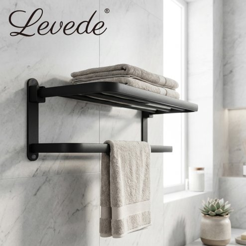 Levede Towel Holder with 2 Bars Wall Mounted No Drill Bathroom Shelf Black