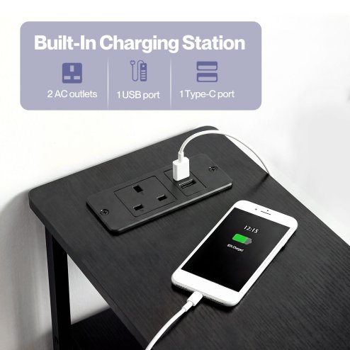 Levede Bedside Table Narrow Side Table with LED Charging Station Storage Black