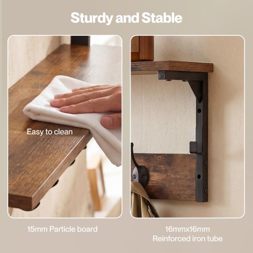 Levede Coat Rack Wall Mounted Shelf 7 Hooks Heavy Duty Entryway Storage Brown