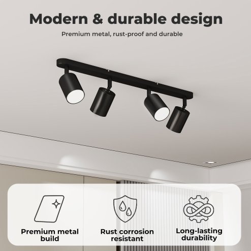 EMITTO Led Ceiling Spot Light GU10 4-Way Fully Adjustable Steel Modern Black