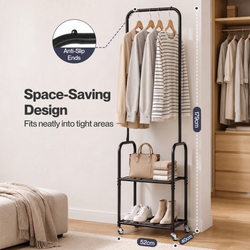Levede Clothes Rack Heavy Duty Garment Rack 2 Shelf Locking Wheels Bedroom Black
