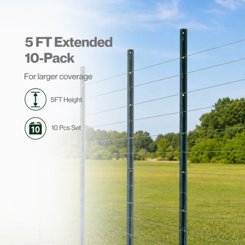 Metal Fence Posts 5Ft 10Pc Set U Shape Powder Coated for Garden Boundary Green