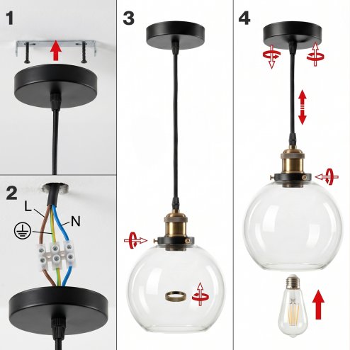 Emitto Ceiling Pendant Light Retro Industrial Glass LampShade Adjustable Cable