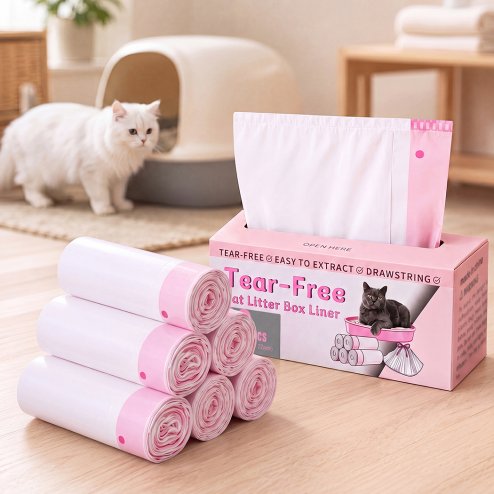 Skylos Cat Litter Bags for Robot Litter Box Drawstring 120 Pack HDPE Pink