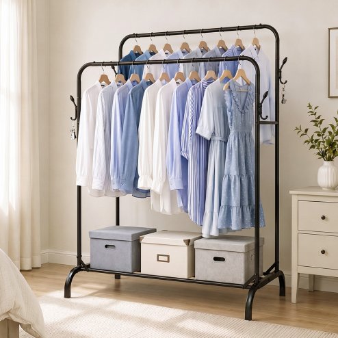 Levede Clothes Rail Heavy Duty 2 Rods Carbon Steel Rack with Shelf Bedroom Black