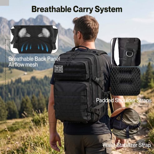 Swifto Military Backpack 45L, Tactical Backpack, 900D Oxford, Black
