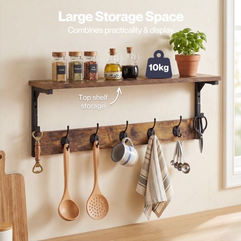 Levede Coat Rack Wall Mounted Shelf 7 Hooks Heavy Duty Entryway Storage Brown