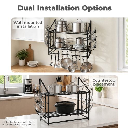 TOQUE Pot Rack Kitchen Storage Organiser Shelf Pan Rack 20 Hooks Lid Holders