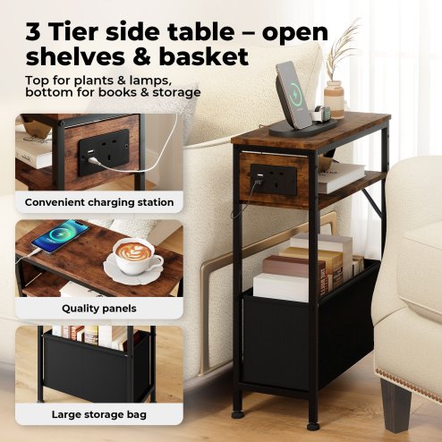 Slim Side Table with Charging Station Storage Narrow End Table Sofa Living Room