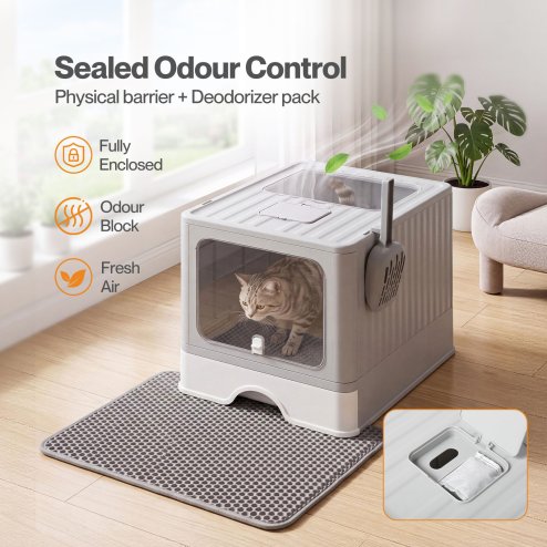 Skylos Cat Litter Box Stainless Steel Enclosed Drawer Odor Control Foldable Grey